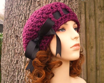 Chunky Crochet Hat, Crochet Beret, Hat with Bow, Womens Hat, Winter Hat, Slouchy Beanie, Womens Beret,  Escargot Beret, Clematis Purple