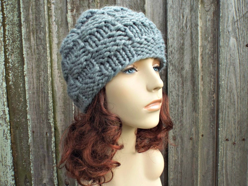 Chunky Knit Hat, Womens Hat, Mens Hat, Winter Hat, Knit Cap, Fitted Beanie, Basket Weave Knit Beanie, Slate Grey image 1