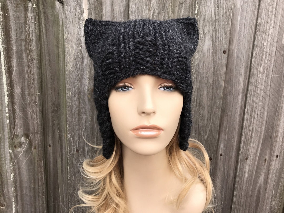 Chunky Knit Hat Cat Hat Cat Ear Hat Grey Pussyhat Grey Etsy