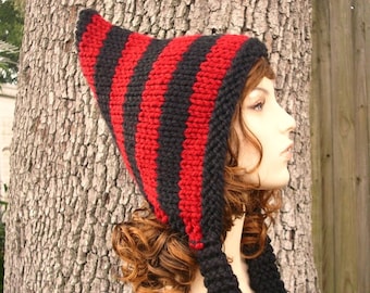Elfenkap, handgebreide elfenhoed, grof gebreide muts, gebreide kap, pixiekap, damesmuts, wintermuts, elfenhoed, rood en zwart