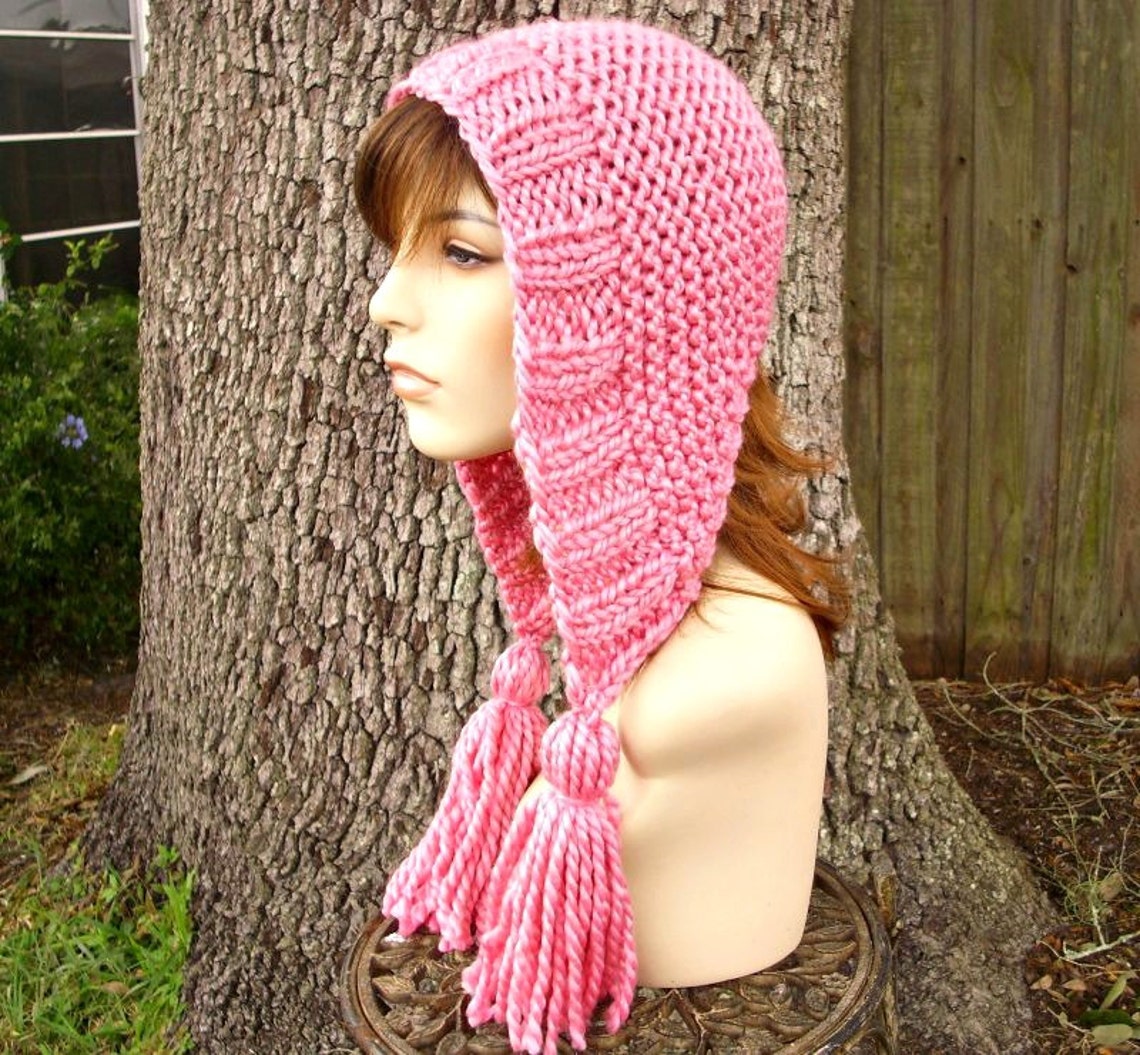 Knit Hat Womens Hat Knit Hood Tassel Hat in Bubble Gum Pink Etsy