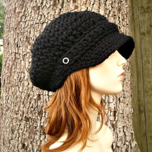 Chunky Crochet Hat, Womens Hat, Mens Hat, Winter Hat, Crochet Beanie, Crochet Cap, Slouchy Beanie, Newsboy Hat, Newsboy Cap, Black image 2