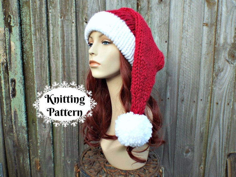 Santa Hat Knitting Pattern - Instant Download Knit Hat Pattern - Christmas Hat Pattern - Adult Size Double Brim Santa Hat Pattern Winter Hat image 1