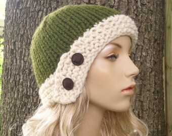 Chunky Knit Hat, Womens Hat, Winter Hat, Cloche Hat, Cloche Beanie, Knit Beanie, Knit Cap, Olive Green and Cream