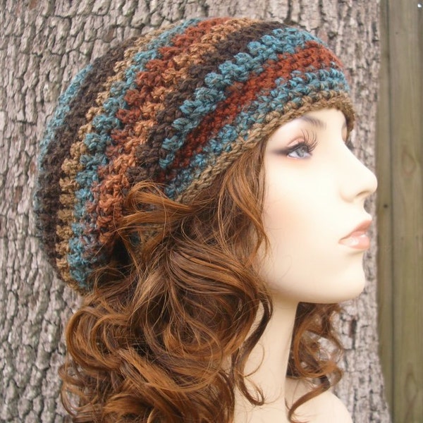 Crochet Hat, Womens Hat, Mens Hat, Winter Hat, Crochet Beanie, Crochet Cap, Slouchy Beanie, Weekender Slouchy Hat, Burnt Orange Brown Teal