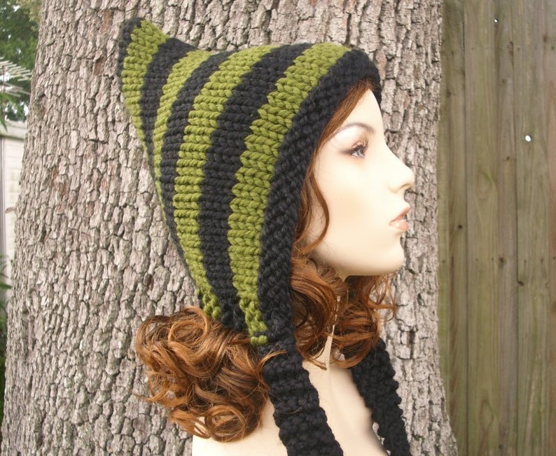 Chunky Knit Hat, Womens Hat, Mens Hat, Winter Hat, Pixie Hat, Elf Hat, Pixie Hood, Knit Hood, Black and Green image 2