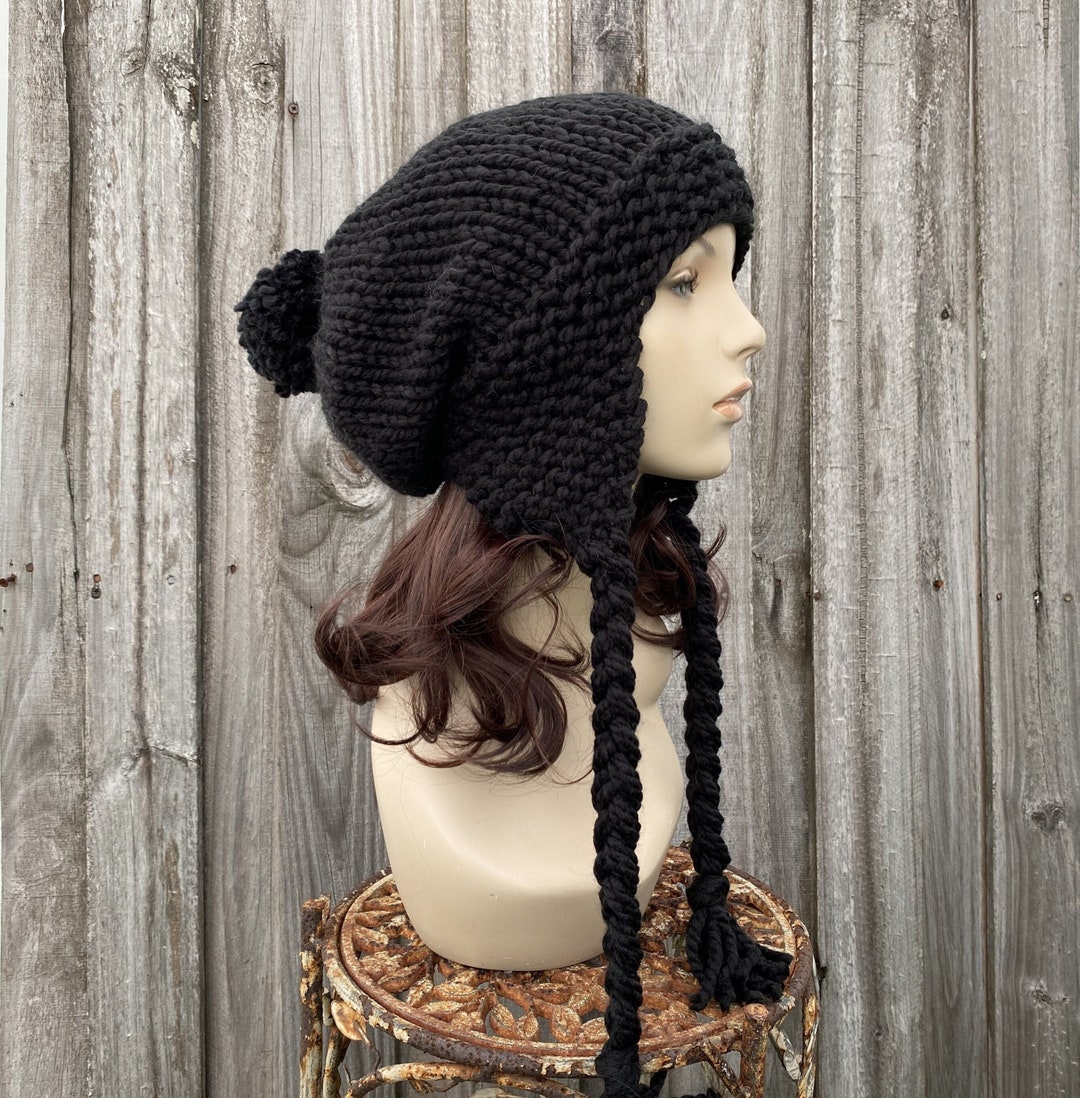 Black Hat, Slouchy Knit Hat With Ear Flaps, Chunky Knit Hat, Womens Hat, Mens Hat, Winter Hat, Knit Cap, Knit Beanie, Slouchy Beanie - Etsy Black Hat, Slouchy Knit Hat With Ear Flaps, Chunky Knit Hat, Womens Hat, Mens Hat, Winter Hat, Knit Cap, Knit Beanie, Slouchy Beanie - Etsy
