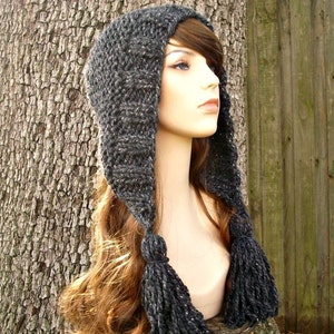 Chunky Knit Hat with Tassels, Womens Hat, Winter Hat, Knit Hood, Ear Flap Hat, Womens Accessories, Tassel Hat, Constellation Grey