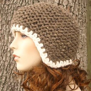 Chunky Knit Ear Flap Hat, Chunky Knit Hat, Womens Hat, Mens Hat, Winter Hat, Knit Beanie, Knit Cap, Earflap Hat, Garter Helmet, Barley Brown image 4