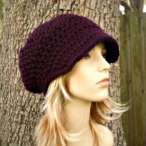 Chunky Crochet Hat, Womens Hat, Mens Hat, Winter Hat, Newsboy Cap, Crochet Beanie with Brim, Crochet Cap, Newsboy Hat, Eggplant Purple