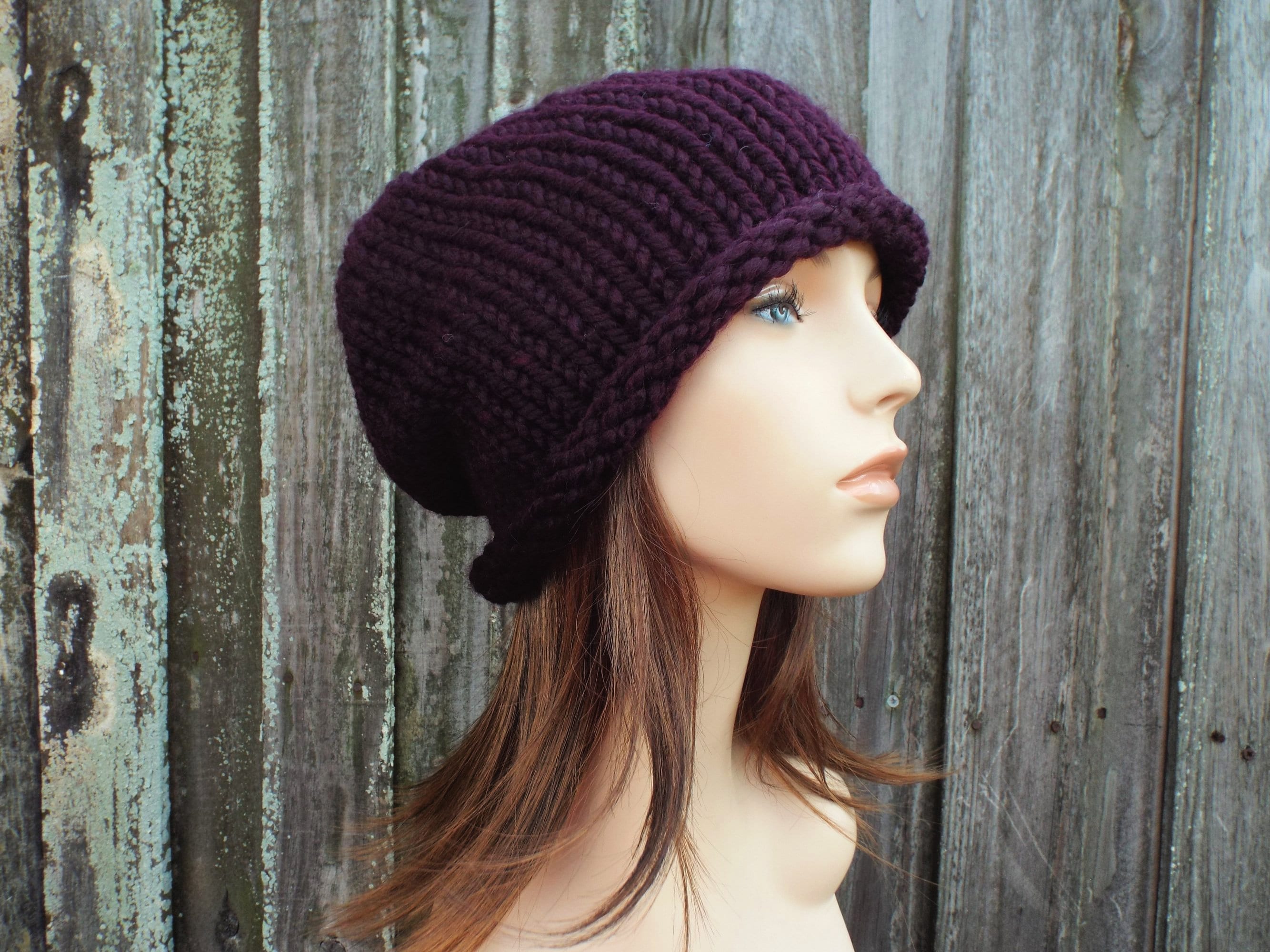 Chunky Knit Hat, Womens Hat, Mens Hat, Winter Hat, Knit Beanie, Knit Cap, Slouchy Beanie, Slouchy Hat, Rolled Brim Beanie, Eggplant Purple