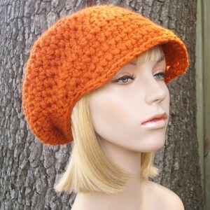 Chunky Crochet Hat with Brim, Womens Hat, Mens Hat, Winter Hat, Slouchy Beanie, Crochet Cap, Newsboy Hat, Newsboy Cap, Pumpkin Orange image 4