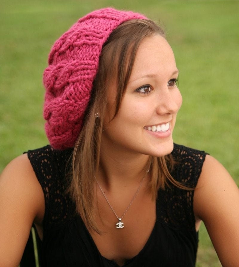 Raspberry Beret Cable Knit Hat Womens Hat Winter Hat | Etsy