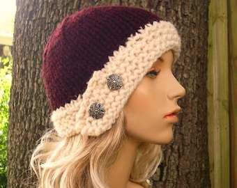 Womens Cloche Hat, Chunky Knit Hat, Womens Hat, Winter Hat, Knit Cap, Knit Beanie, Cloche Beanie, Cream and Burgundy