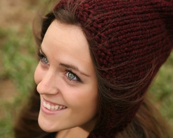 Chunky Knit Hat, Womens Hat, Mens Hat, Winter Hat, Adult Pixie Hat, Elf Hat, Gnome Hat, Pixie Hood, Knit Hood, Claret