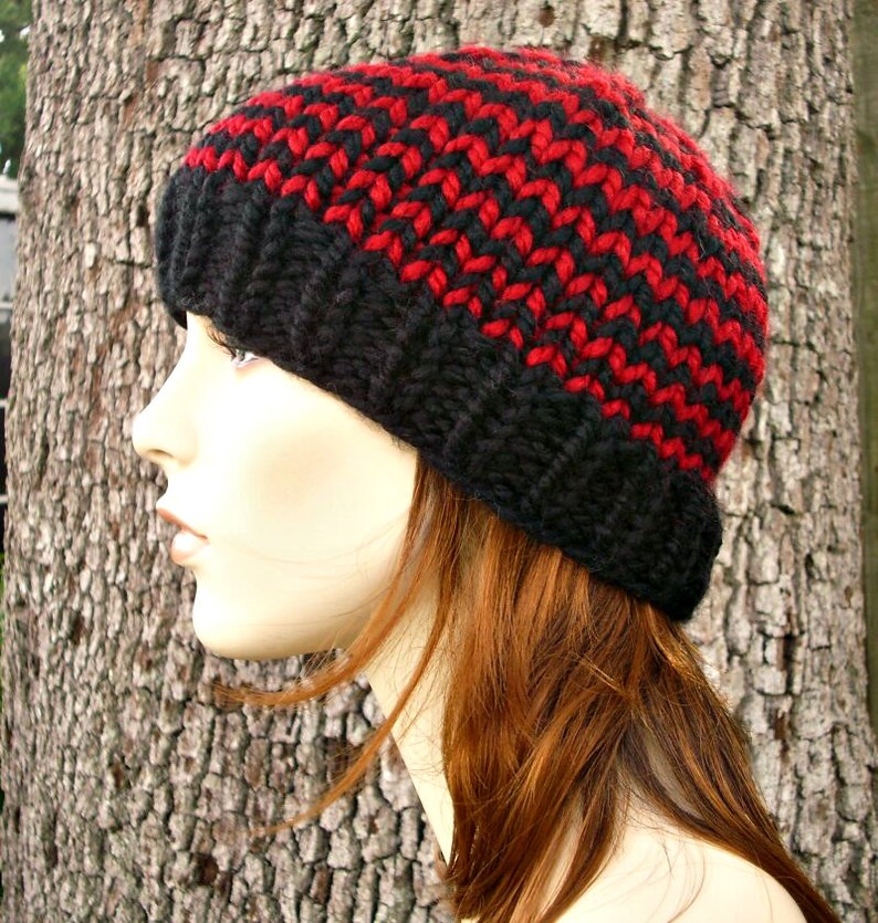 Toque Beanie Hat in Black and Red Knit Hat Womens Accessories Winter Hat Knit Hat Womens Hat Mens Hat