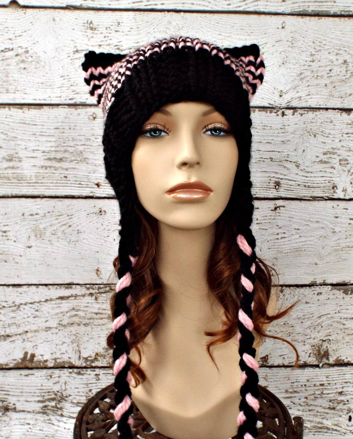 Knit Hat Womens Hat Braided Ties Ear Flap Cat Hat in Pale Etsy