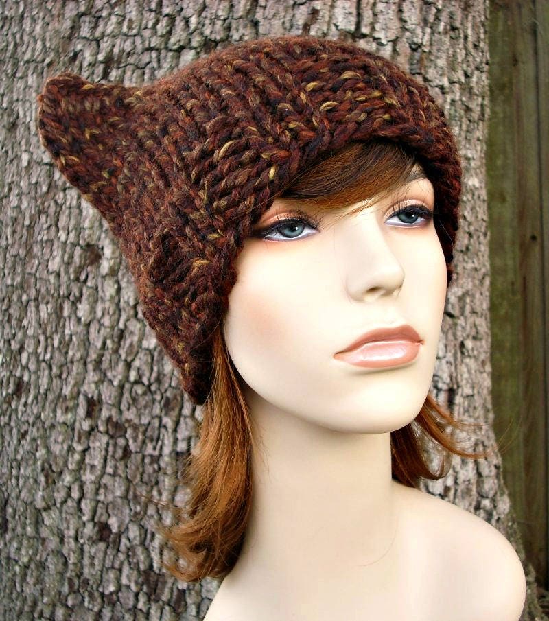 Adult Brown Chunky Knit Cat Ear Beanie Cat Ear Beanie Knitting Pattern/ Knitted Cat Hat/hat Pattern  main image 3