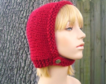Adult Bonnet, Red Knit Bonnet, Knit Aviator Cap, Chunky Knit Hat, Womens Hat, Mens Hat, Winter Hat, Knit Cap, Cranberry Red
