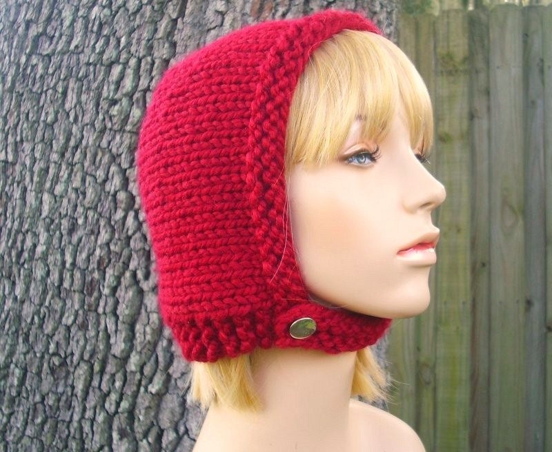 帽子 bonnet knit cap (red) Adult Bonnet, Red Knit Bonnet, Knit Aviator Cap, Chunky Knit