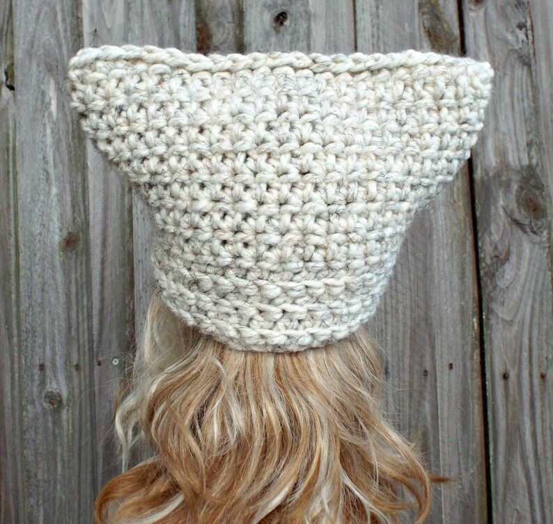 Cream Cat Hat Thermal Crochet Womens Winter Beanie in Cream Tweed Wheat Pussyhat Pussy Hat