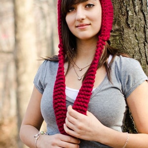 Red Pixie Hat, Chunky Knit Hat, Womens Hat, Mens Hat, Winter Hat, Ear Flap Hat, Adult Pixie Hat, Pixie Hood, Knit Hood, Cranberry image 5
