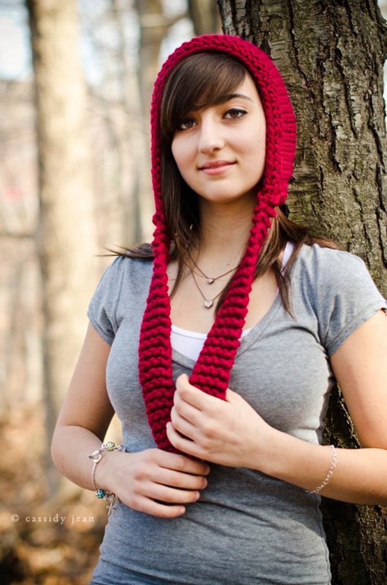 Red Pixie Hat, Chunky Knit Hat, Womens Hat, Mens Hat, Winter Hat, Ear Flap Hat, Adult Pixie Hat, Pixie Hood, Knit Hood, Cranberry image 5