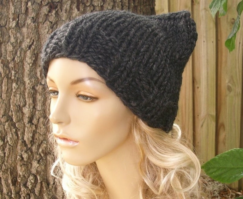 Chunky Knit Hat, Womens Hat, Mens Hat, Winter Hat, Knit Cat Hat, Knit Beanie, Knit Cap, Cat Beanie, Charcoal Grey image 4