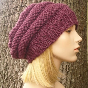 Hand Knit Beret, Knit Tam, Chunky Knit Hat, Womens Hat, Mens Hat, Winter Hat, Slouchy Beanie, Original Beehive Beret, Fig Purple