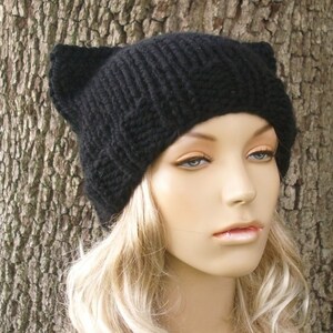 Knit Cat Hat Black Cat Hat Black Cat Beanie Black Knit Hat Black Womens Hat Black Hat Black Beanie Womens Accessories Winter Hat image 2