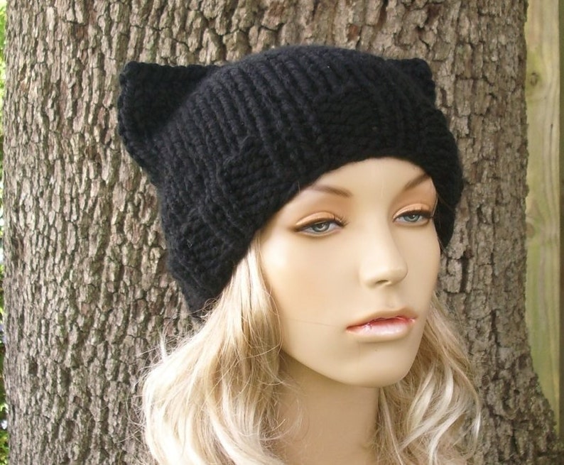 Knit Cat Hat Black Cat Hat Black Cat Beanie Black Knit Hat Black Womens Hat Black Hat Black Beanie Womens Accessories Winter Hat image 2