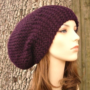 Slouchy Winter Hats, Chunky Knit Hat, Womens Hats, Mens Hats, Knit Beanie, Knit Cap, Slouchy Beanie, Oversized Hat, Eggplant Purple image 1