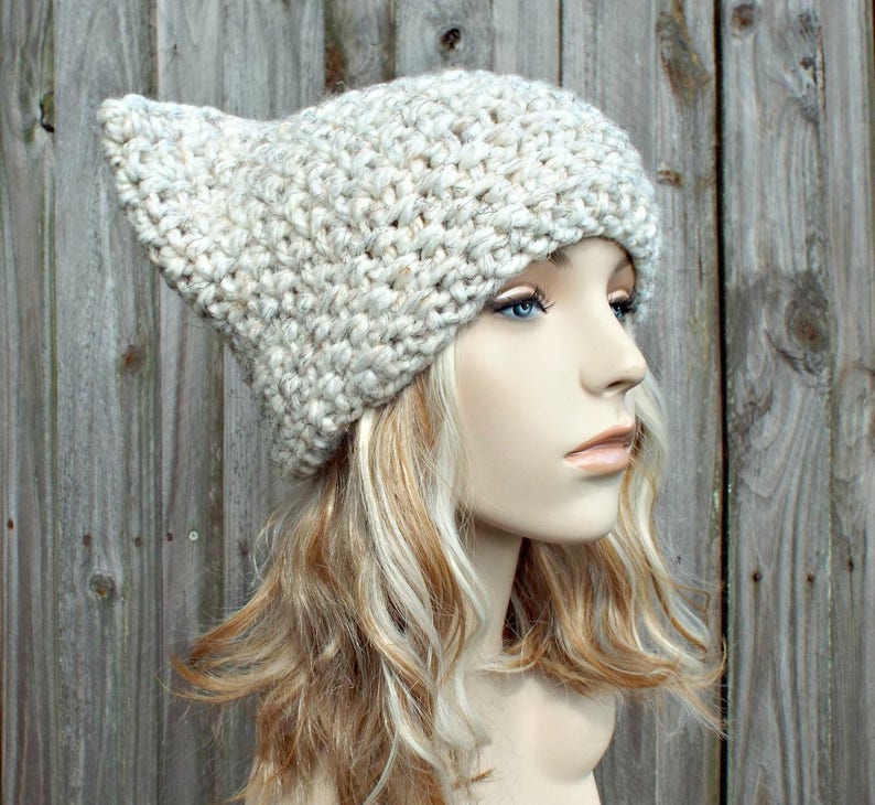 Cream Cat Hat Thermal Crochet Womens Winter Beanie in Cream Tweed Wheat Pussyhat Pussy Hat