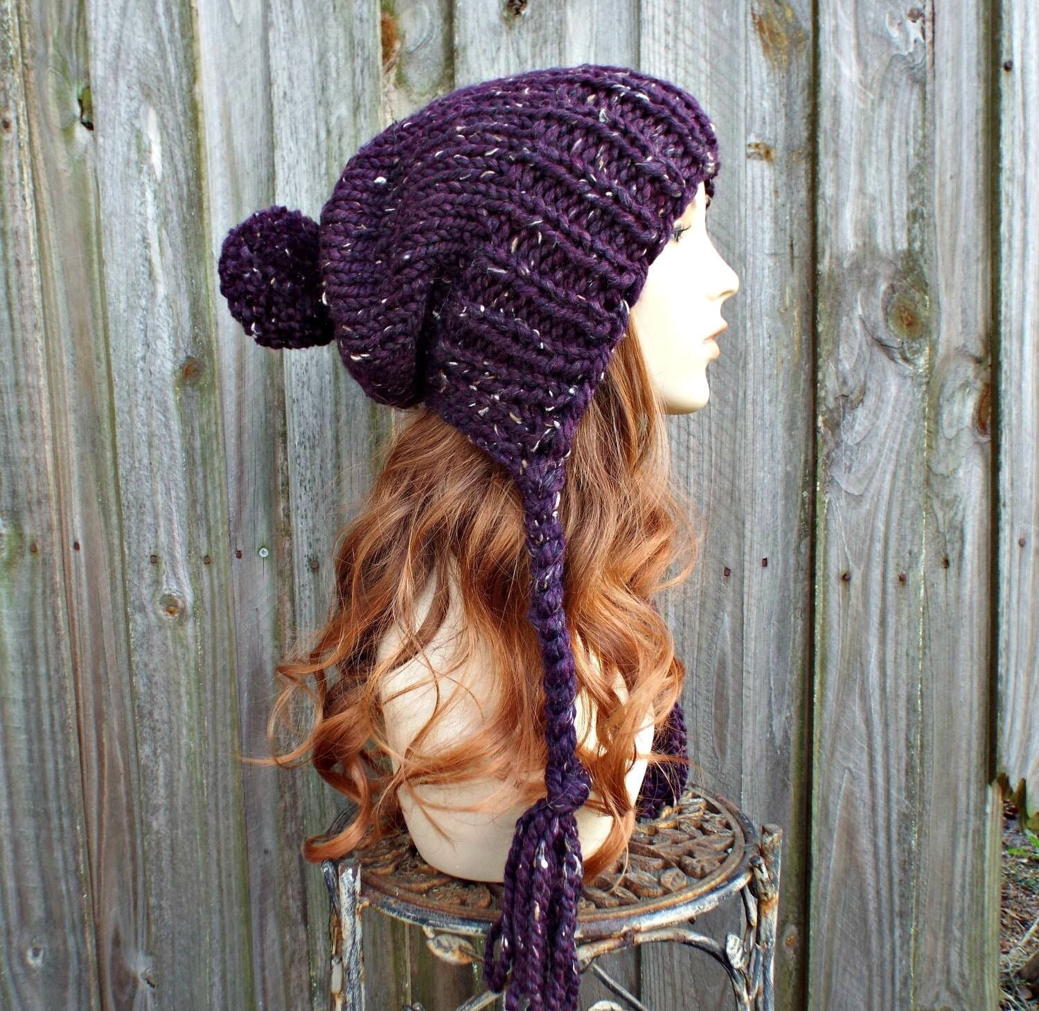 Tweed Purple Slouchy Knit Hat Winter 