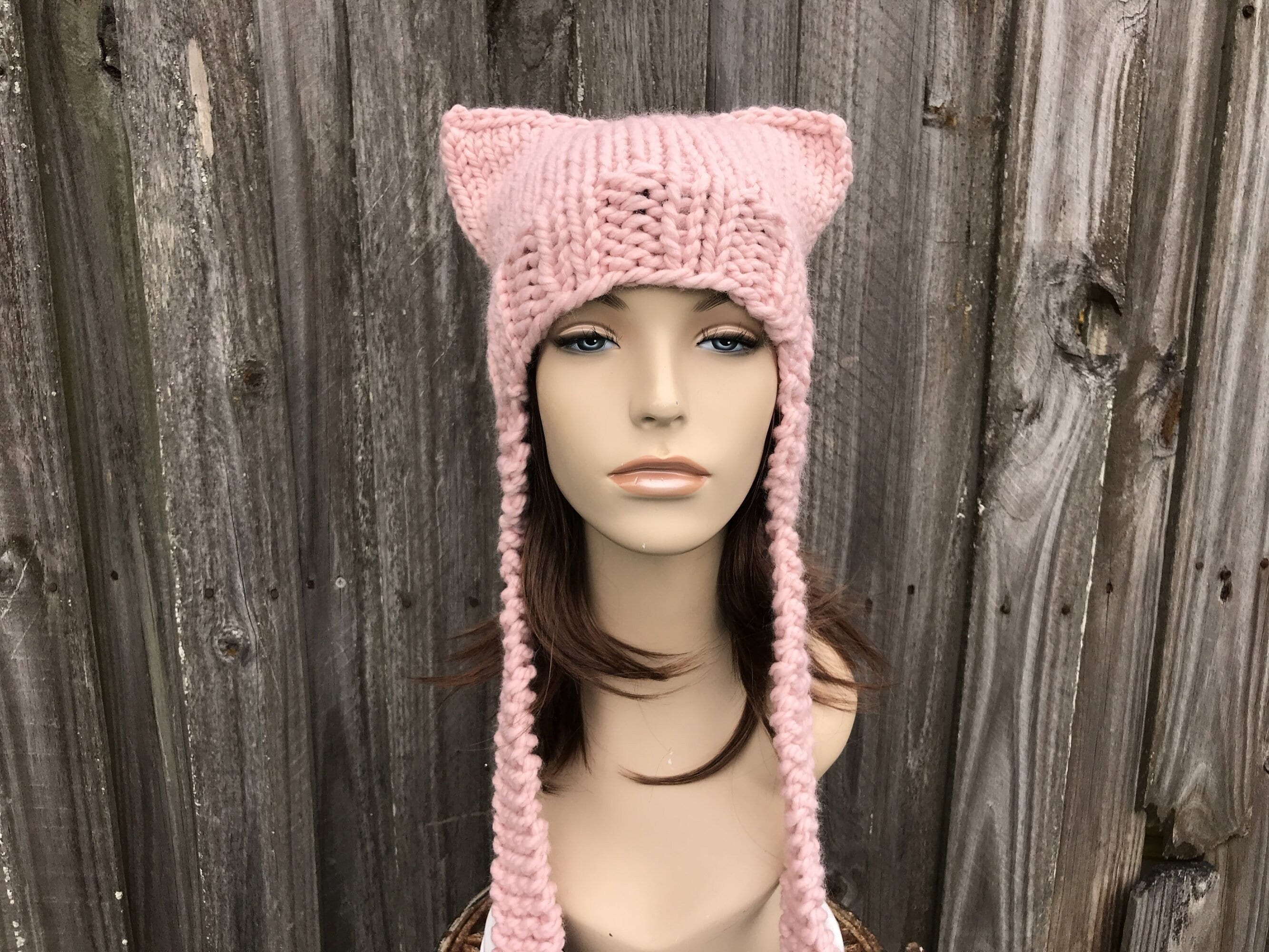 Handmade Hand Crafted Knit Ear Flap Cat Hat Adult Teen size Pink Cat Ear Flap Hat, Chunky Knit Hat, Womens Hat, Mens Hat  main image 4