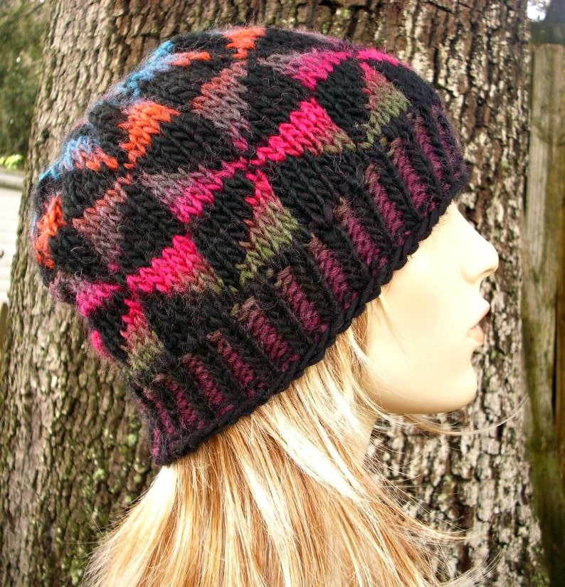 READY TO SHIP Rainbow Hat Womens Hat Mens Hat Black Hat Kaleidoscope Beanie in Black and Brights Knit Hat Womens Accessories