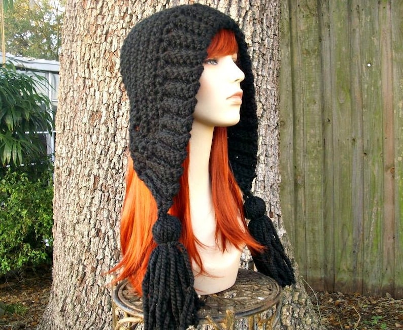 Black Crochet Hat Women Hat Crochet Hood Hat Black Tassel Hat Black Ear Flap Hat Black Hat Black Hood Winter Hat image 1
