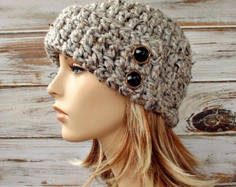 Womens Cloche Hat, Chunky Crochet Hat, Womens Hat, 1920s Flapper Hat, Crochet Cap, Garbo Cloche Beanie, Grey Marble