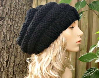 Chunky Knit Hat, Womens Hat, Mens Hat, Winter Hat, Knit Beret, Knit Beanie, Knit Cap, Slouchy Beanie, Oversized Beehive Beret, Black