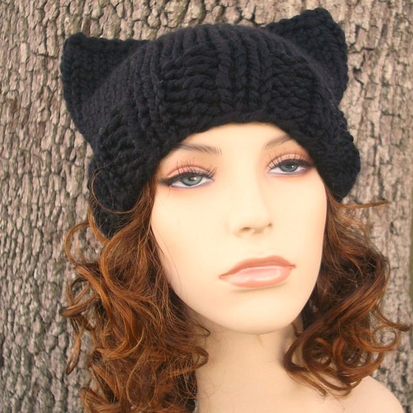Black Cat Hat, Black Pussyhat, Black Pussy Hat, Chunky Knit Hat, Womens Hat, Mens Hat, Winter Hat, Knit Beanie, Knit Cap, Halloween Hat