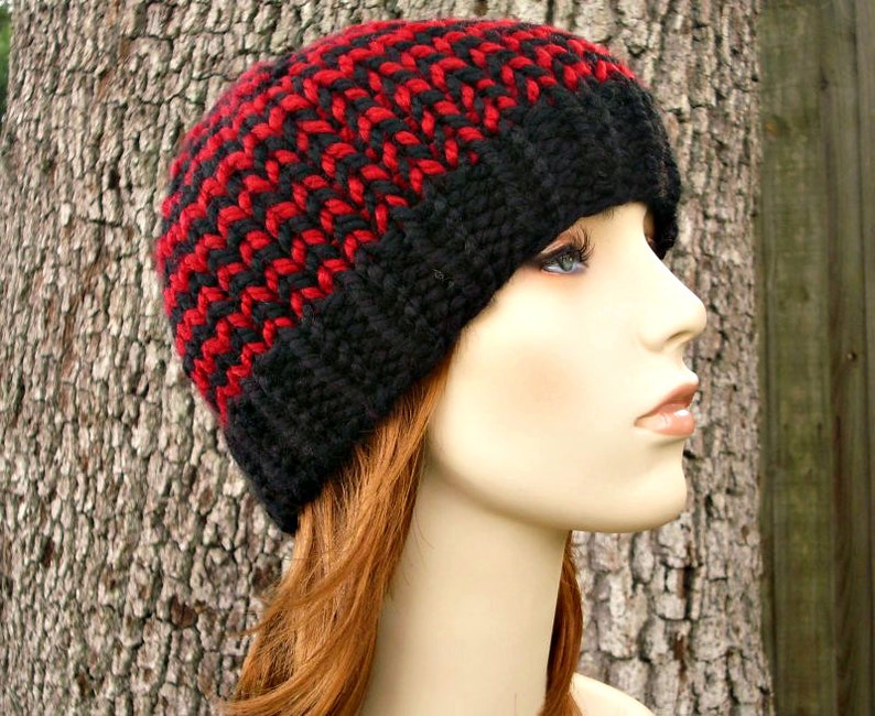 Toque Beanie Hat in Black and Red Knit Hat Womens Accessories Winter Hat Knit Hat Womens Hat Mens Hat