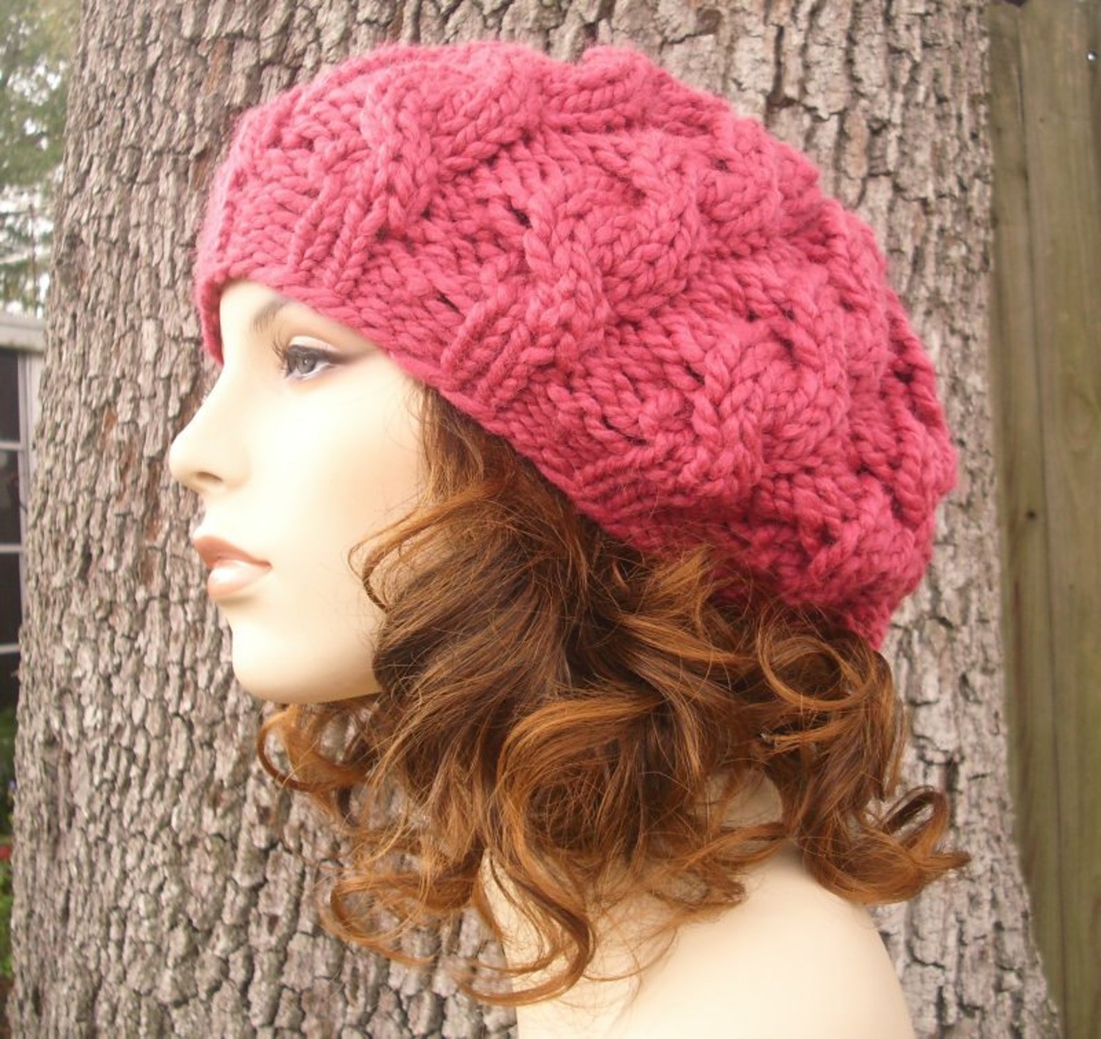 Raspberry Beret Cable Knit Hat Womens Hat Winter Hat - Etsy