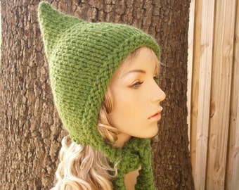 Cappello a maglia grosso, Cappello da donna, Cappello da uomo, Cappello invernale, Cappello da folletto, Cappello da elfo, Cappuccio da folletto, Cappuccio in maglia, Verde erba