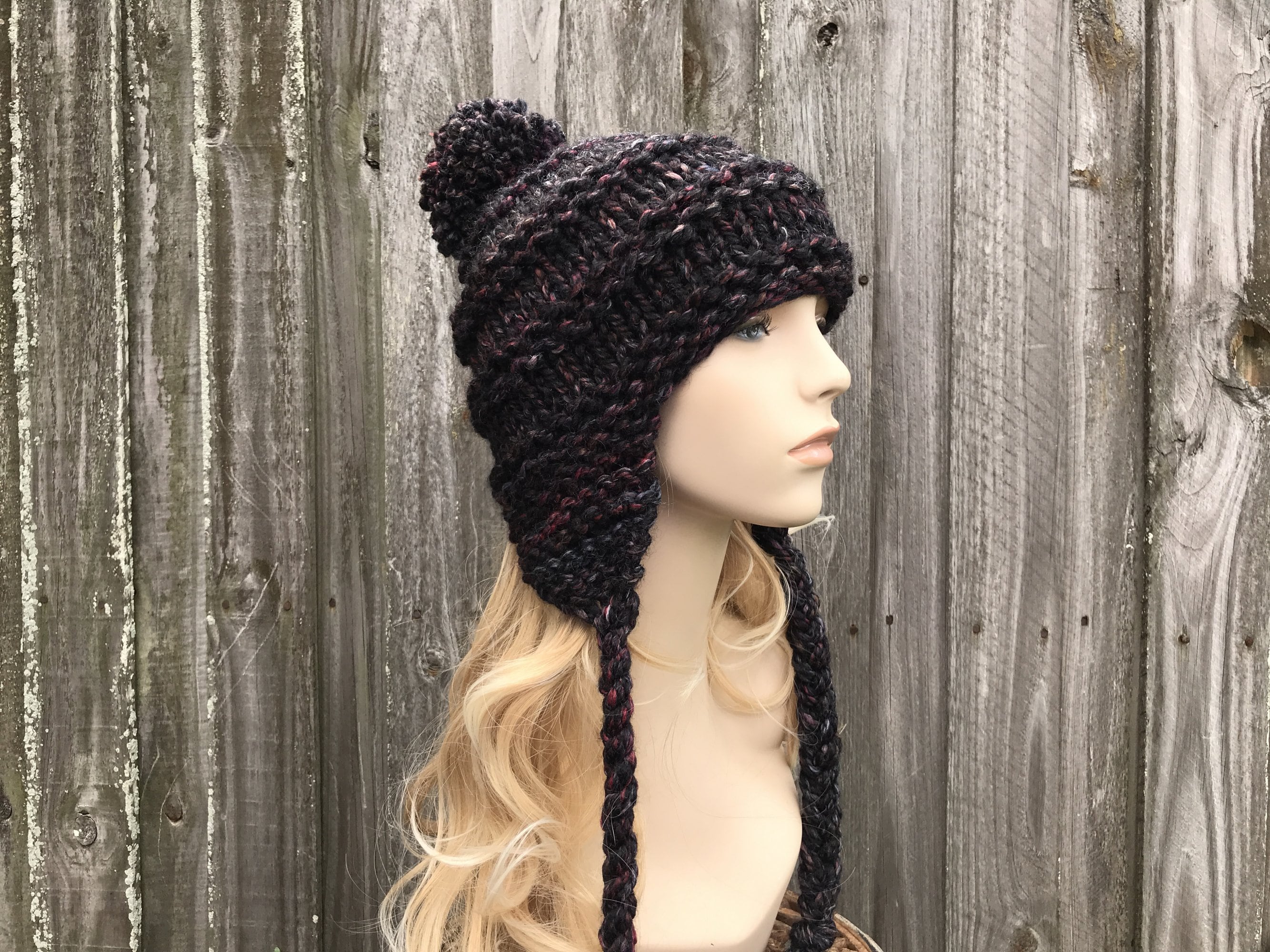 Chunky Knit Hat, Ski Hat, Earflap Hat, Pom Pom Hat, Womens Hat