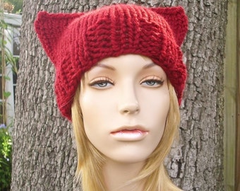 Chunky Knit Hat, Womens Hat, Mens Hat, Winter Hat, Knit Beanie, Knit Cap, Cat Beanie, Cat Hat, Cranberry Red