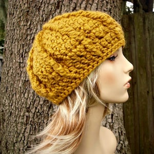 Chunky Crochet Hat, Womens Hat, Mens Hat, Winter Hat, Crochet Beret, Oversized Monarch Beret, Mustard Yellow