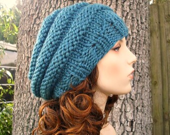 Hand Knit Beret, Chunky Knit Hat, Womens Hat, Mens Hat, Winter Hat, Knit Beanie, Knit Cap, Beehive Beret, Teal Blue