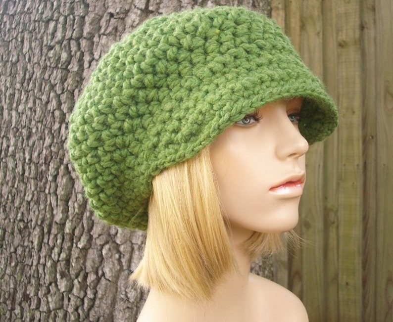 Chunky Crochet Hat, Womens Hat, Mens Hat, Winter Hat, Newsboy Cap, Newsboy Hat, Crochet Cap, Crochet Beanie, Grass Green image 2
