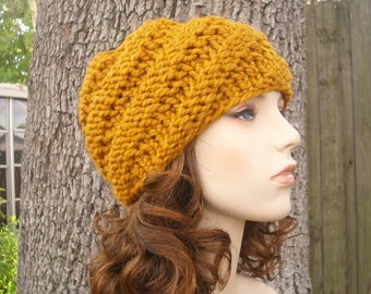 Chunky Knit Hat, Womens Hat, Mens Hat, Winter Hat, Knit Beanie, Knit Cap, Swirl Beanie, Butterscotch Yellow