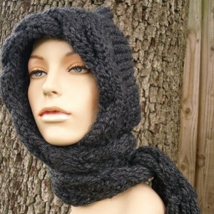 Hooded Scarf, Chunky Knit Hood, Knit Scarf, Oversized Scarf Hat, Winter Scarf, Womens Scarf, Mens Scarf, Cable Knit Scarf, Charcoal Grey